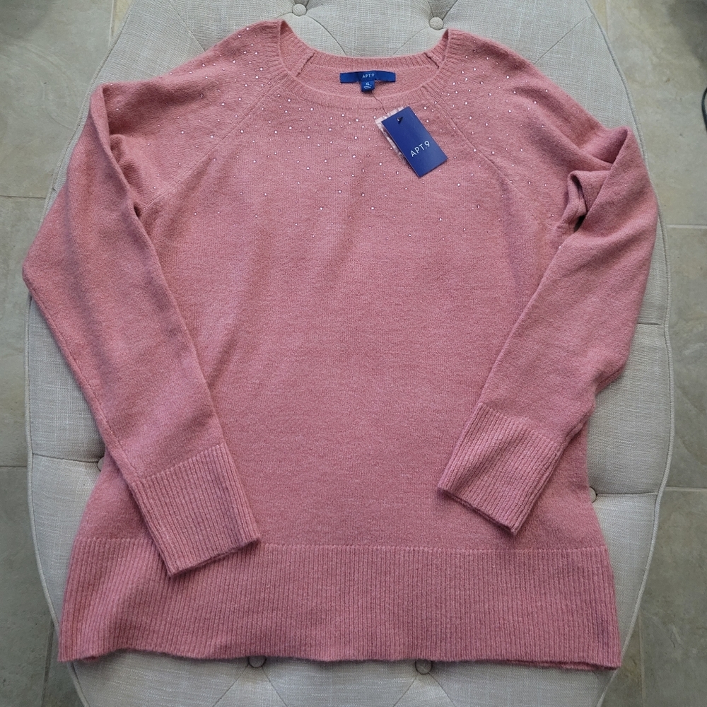 Kohl's Apt 9 Crewneck Sparkle Bedazzled Sweater Top XL NWT Pullover Pink